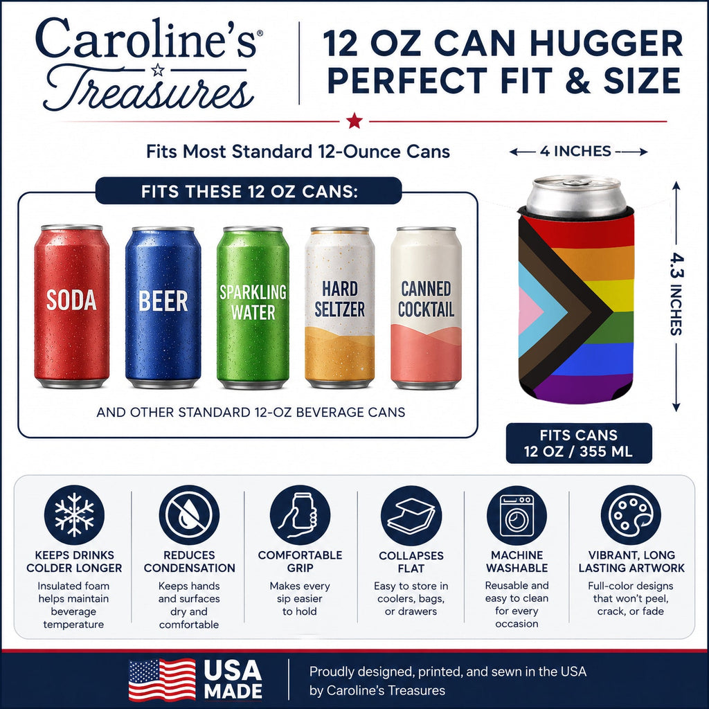 Gay Pride Progress Pride Can or Bottle Hugger Cooler Sleeve for Standard 12 oz Cans, Insulated Foam Beer & Soda Can Hugger Reusable
