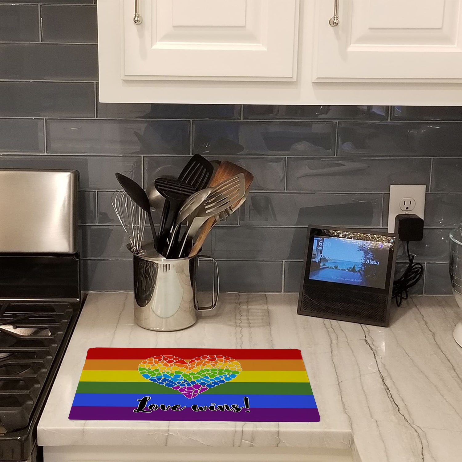 Gay Pride Love Wins Mosaic Heart Cutting Board Tempered Glass Kitchen Cutting Surface, Heat Resistant Chopping, Non-Slip Feet, Food Prep & Serving