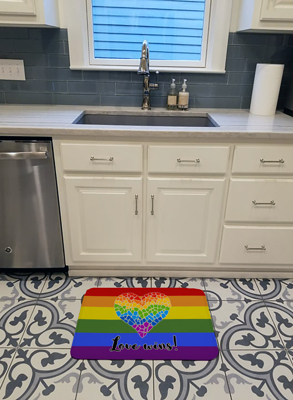Gay Pride Love Wins Mosaic Heart Memory Foam Kitchen Mat Machine Washable Anti-Fatigue Cushion Comfort Bath or Kitchen Rug
