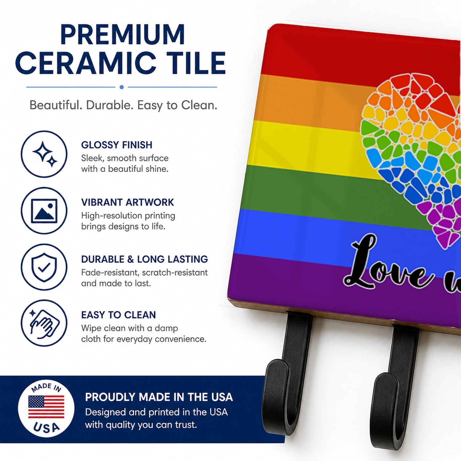Gay Pride Love Wins Mosaic Heart Leash or Key Holder Wall Hooks, Coat Rack Wall Mount, for Hanging Keys, Towels, Aprons, Leashes
