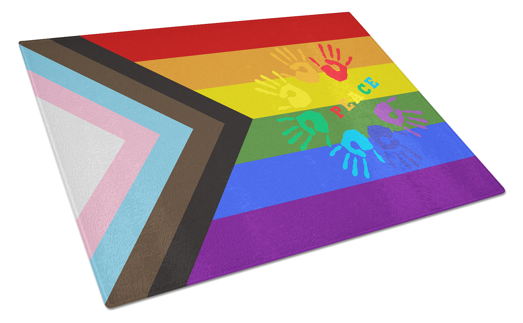 Gay Pride Peace Hands Progress Pride Cutting Board Tempered Glass Kitchen Cutting Surface, Heat Resistant Chopping, Non-Slip Feet, Food Prep & Serving