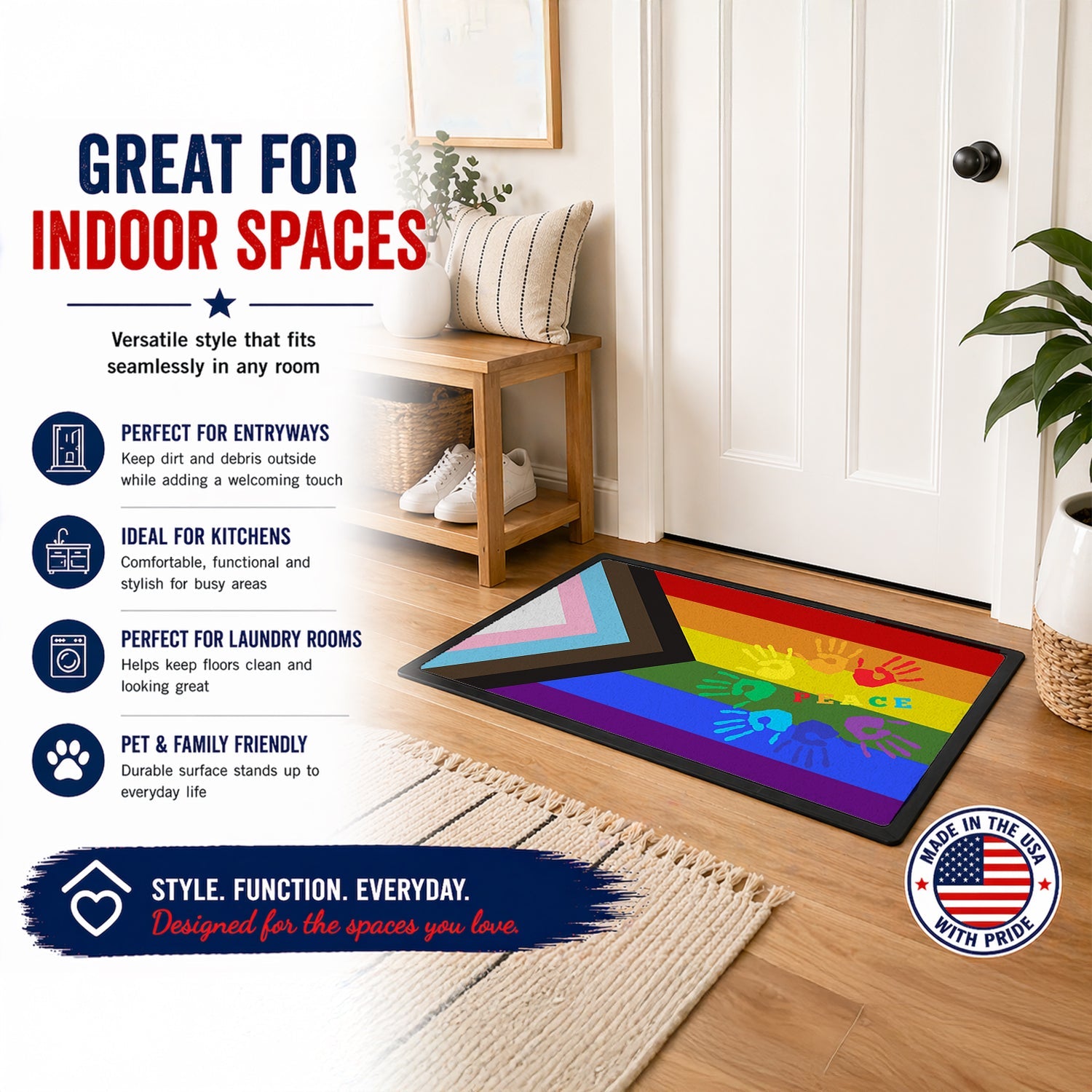 Gay Pride Peace Hands Progress Pride Doormat Indoor Outdoor 18H X 27W Front Door Mat Rugs for Entryway, Non Slip Washable
