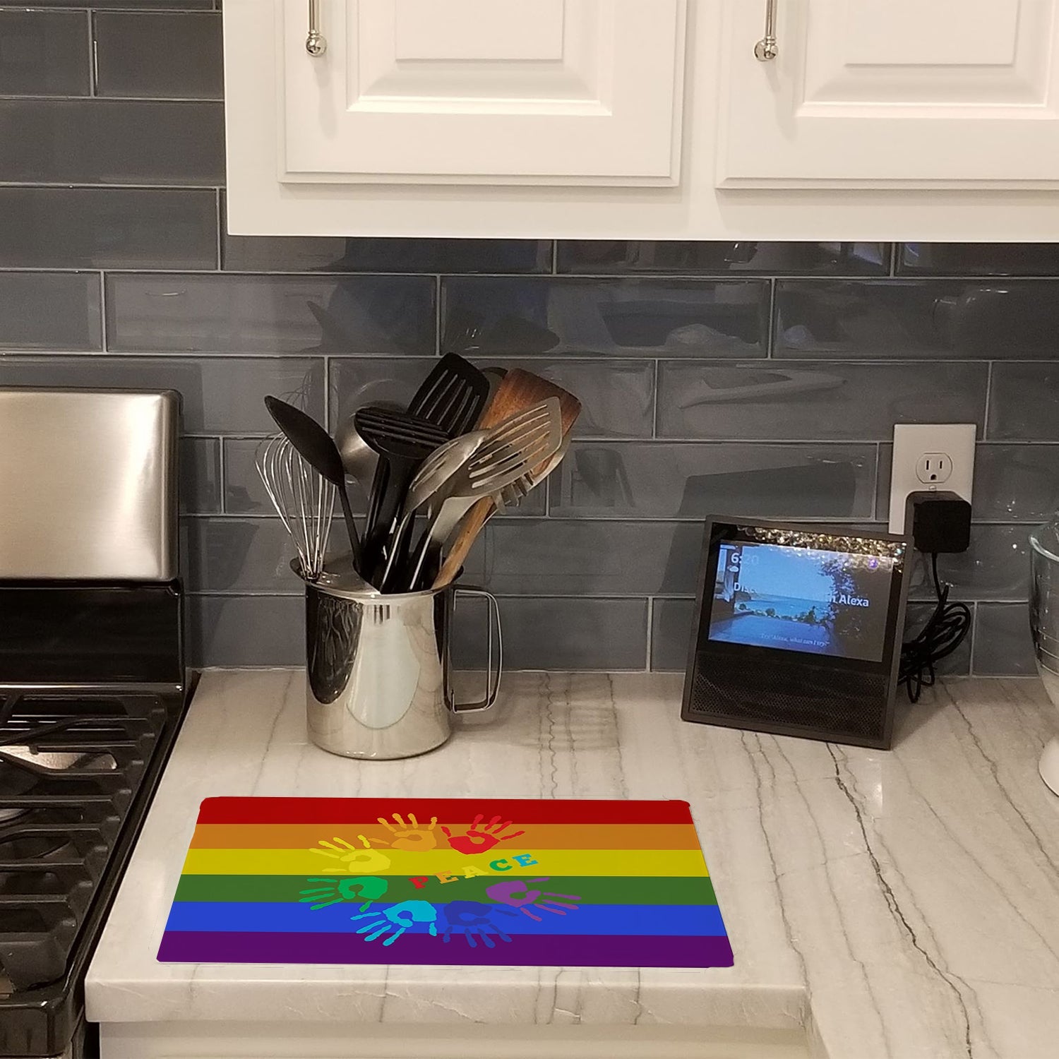 Gay Pride Peace Hands Cutting Board Tempered Glass Kitchen Cutting Surface, Heat Resistant Chopping, Non-Slip Feet, Food Prep & Serving