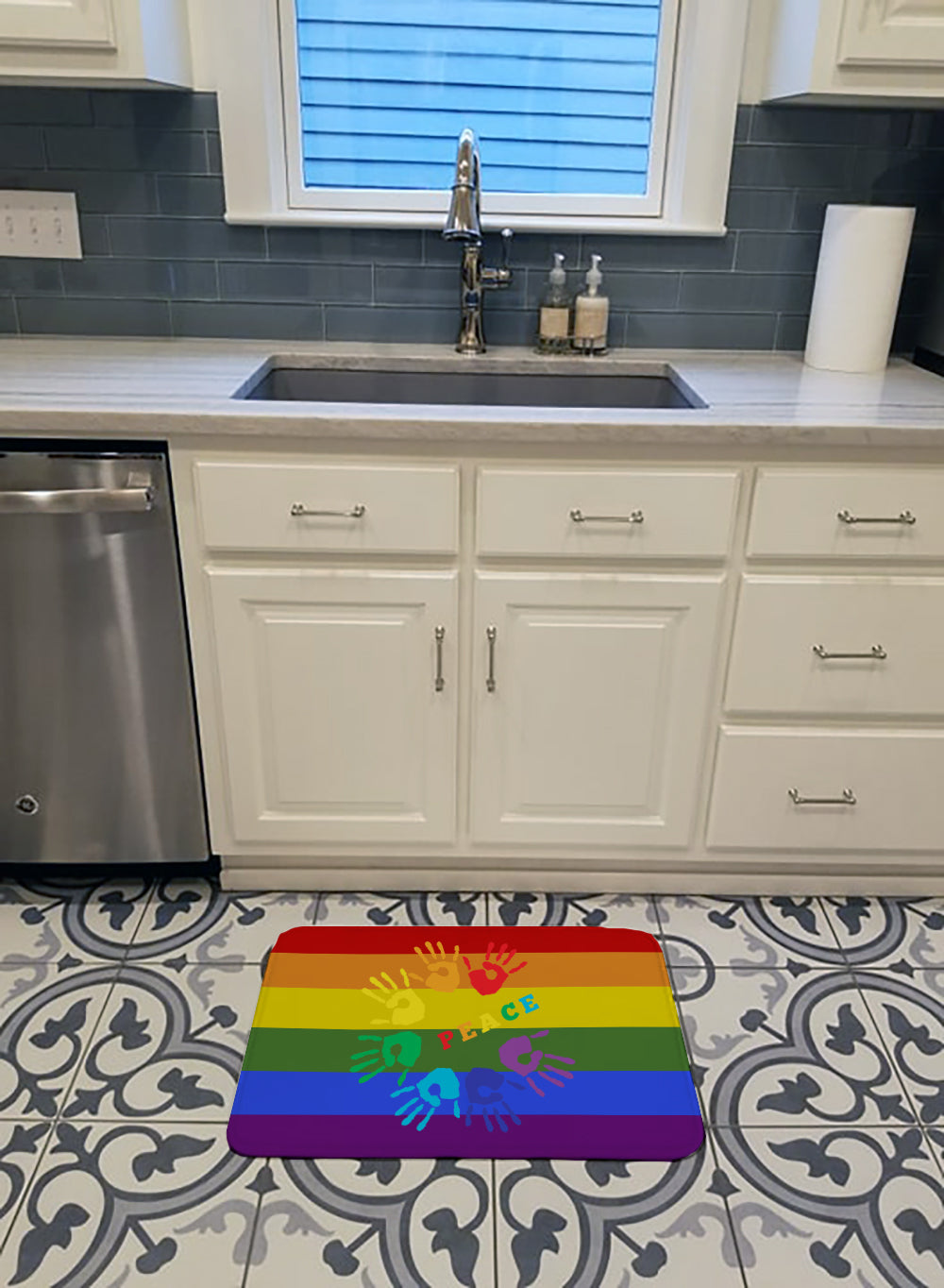 Gay Pride Peace Hands Memory Foam Kitchen Mat Machine Washable Anti-Fatigue Cushion Comfort Bath or Kitchen Rug