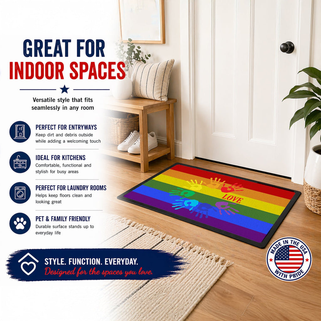 Gay Pride Love Hands Doormat Indoor Outdoor 24H X 36W Front Door Mat Rugs for Entryway, Non Slip Washable Low Pile,