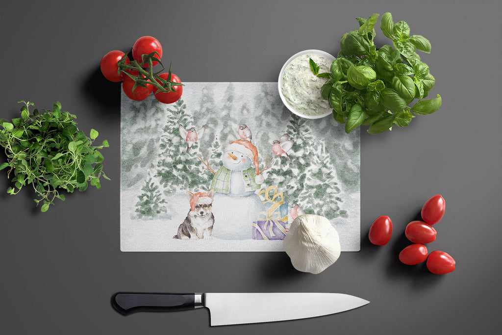 Corgi Puppy Black and Tan Points Christmas Cutting Board Tempered Glass Kitchen Cutting Surface, Heat Resistant Chopping, Non-Slip Feet, Food Prep & Serving