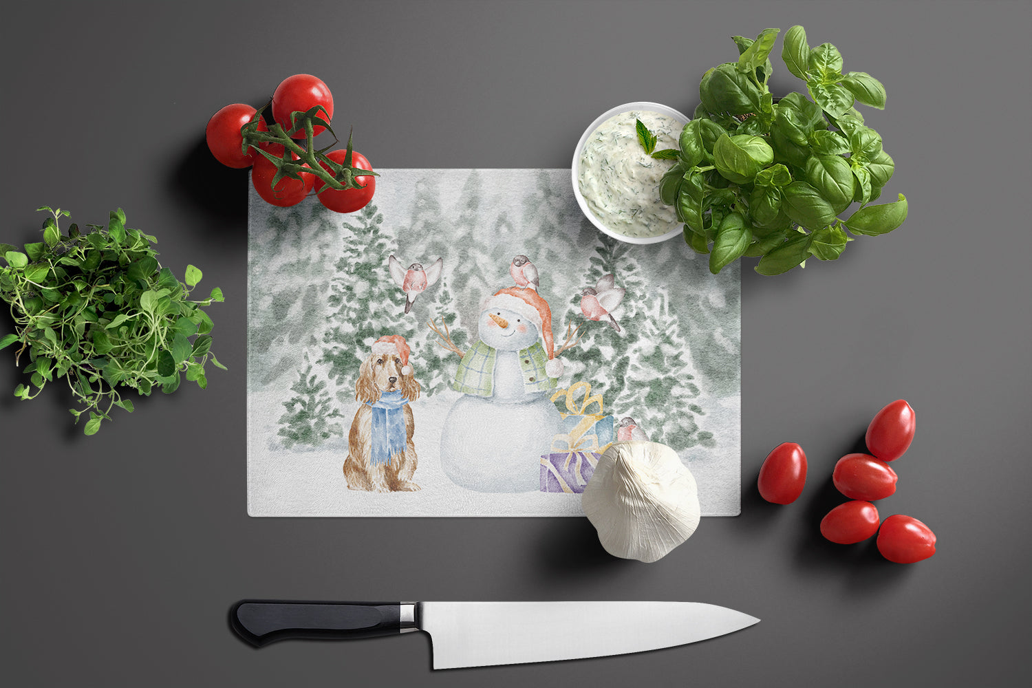 Cocker Spaniel Golden Christmas Cutting Board Tempered Glass Kitchen Cutting Surface, Heat Resistant Chopping, Non-Slip Feet, Food Prep & Serving