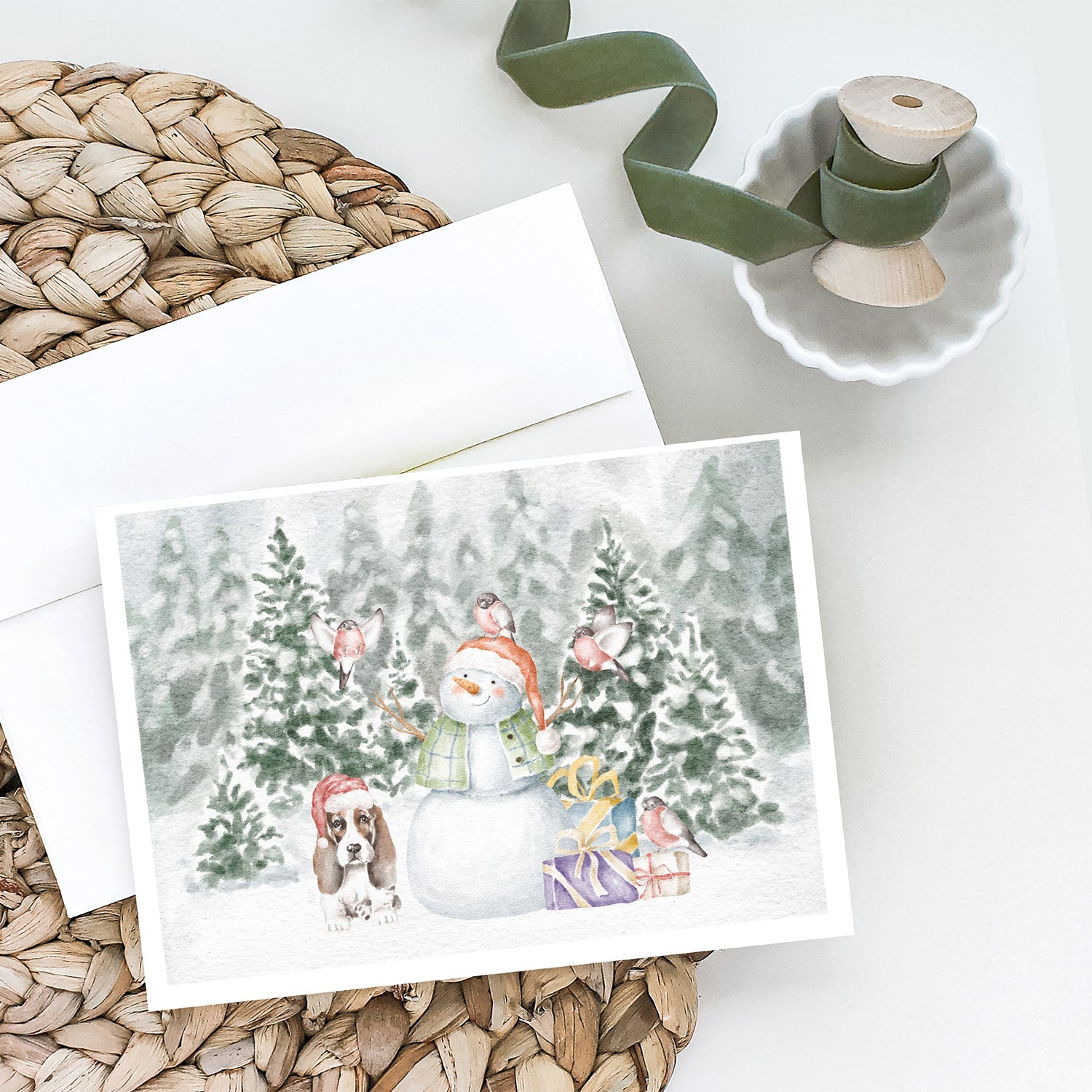 Basset Hound Puppy Brown and White Christmas Greeting Cards Pack of 8 Blank Cards with Envelopes Whimsical A7 Size 5x7
