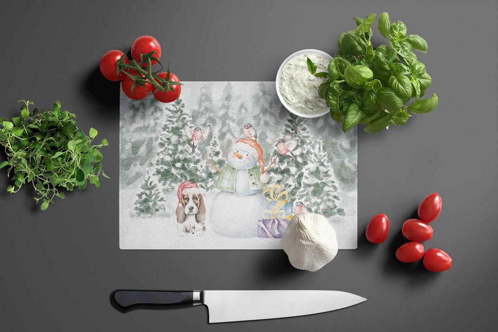 Basset Hound Puppy Brown and White Christmas Cutting Board Tempered Glass Kitchen Cutting Surface, Heat Resistant Chopping, Non-Slip Feet, Food Prep & Serving