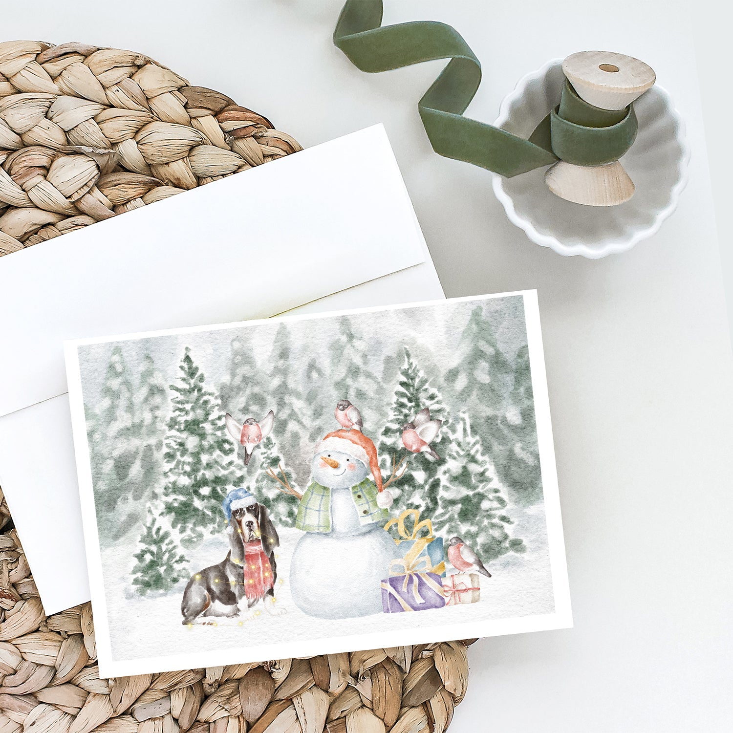 Basset Hound Black White and Tan Christmas Greeting Cards Pack of 8 Blank Cards with Envelopes Whimsical A7 Size 5x7