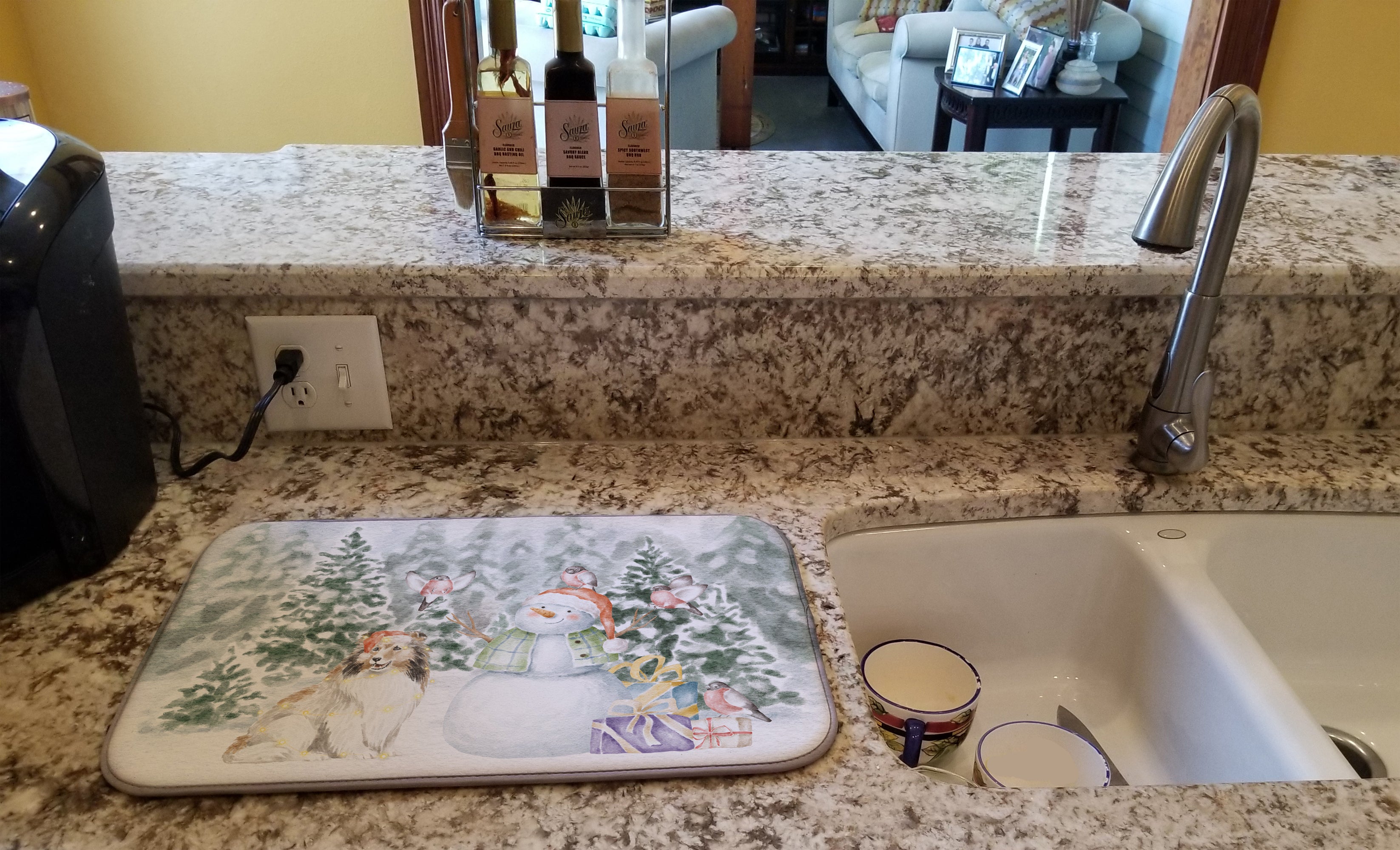 Sheltie/Shetland Sheepdog Sable Christmas Dish Drying Mat Absorbent Dish Drying Mat Pad for Kitchen Counter Dish Drainer Mat for Countertop, 14 x 21", Multicolor