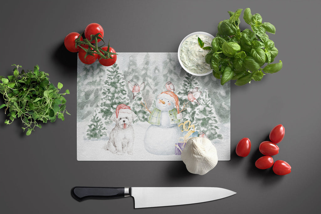 Bichon Frise Smiling Christmas Cutting Board Tempered Glass Kitchen Cutting Surface, Heat Resistant Chopping, Non-Slip Feet, Food Prep & Serving
