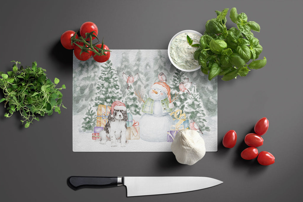 English Springer Spaniel Black and White Christmas Cutting Board Tempered Glass Kitchen Cutting Surface, Heat Resistant Chopping, Non-Slip Feet, Food Prep & Serving