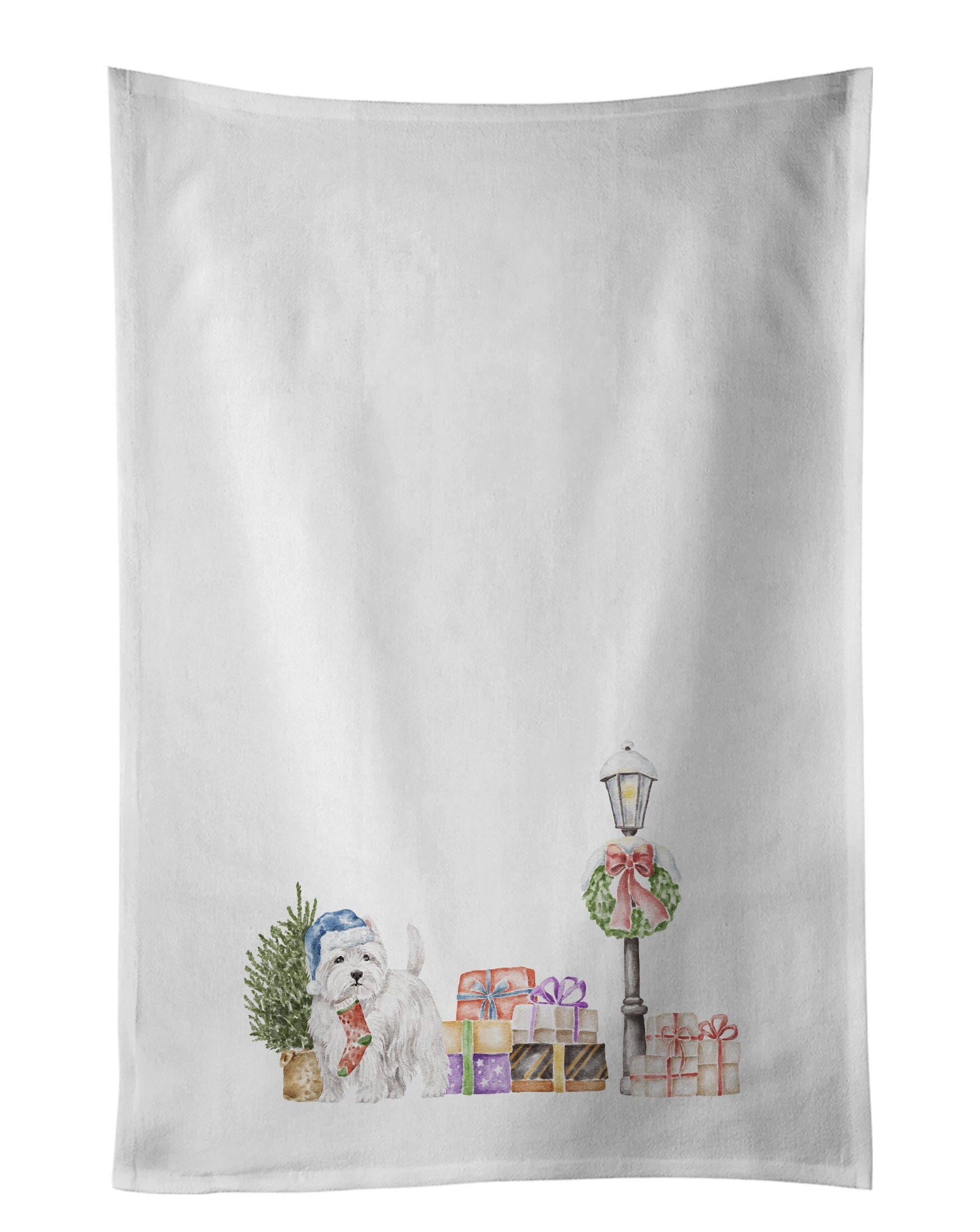 West Highland White Terrier Holding Stocking Kitchen Towel Set of 2 White Dish Towels Decorative Bathroom Hand towel for Hand, Face, Hair, Yoga, Tea, Dishcloth, 19 X 28", White