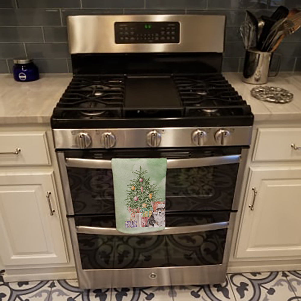Corgi Puppy Christmas Presents and Tree Kitchen Towel Velour Plush Front and Cotton Loop Back Machine Washable