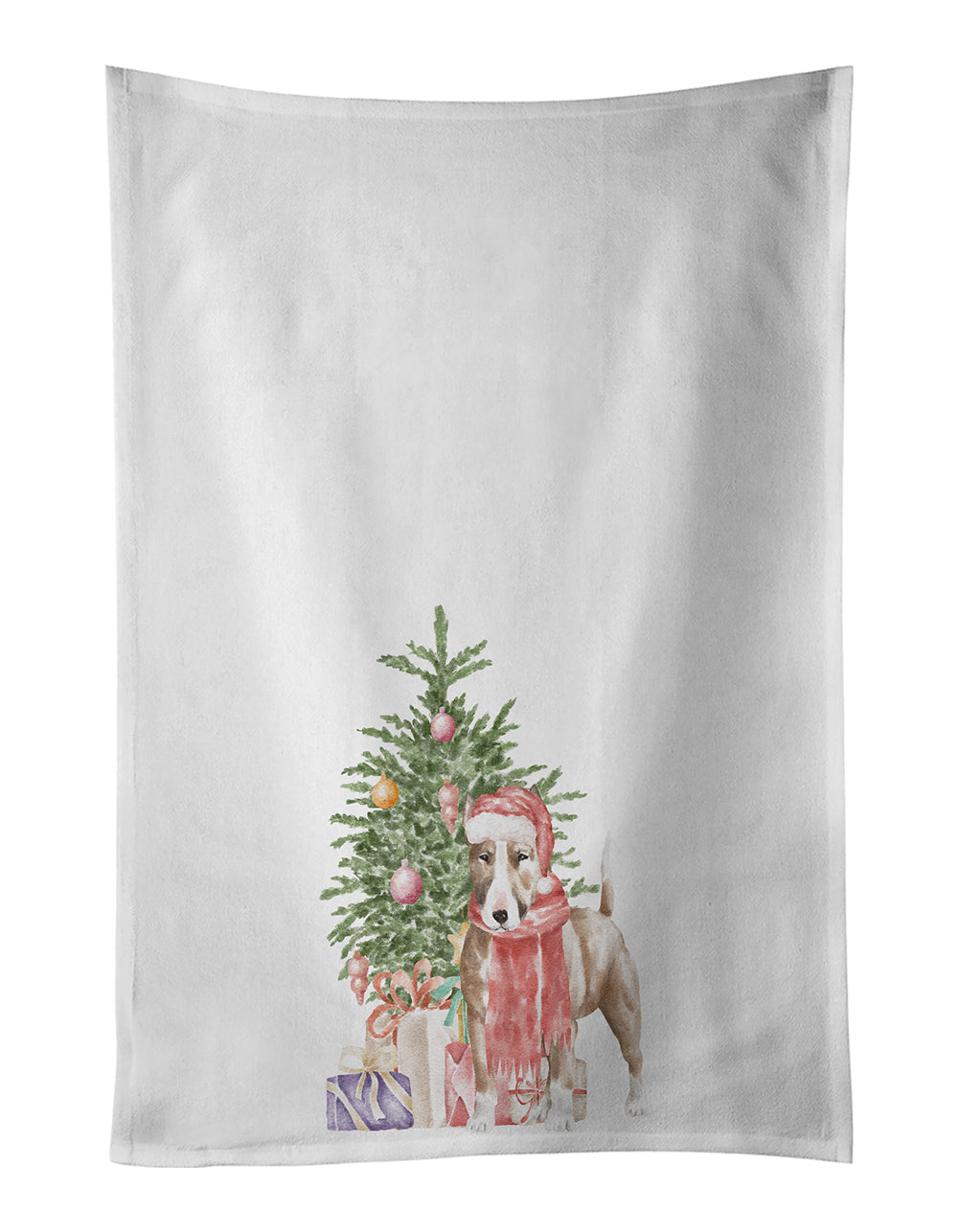Bull Terrier Red Christmas Presents and Tree Kitchen Towel Set of 2 White Dish Towels Decorative Bathroom Hand towel for Hand, Face, Hair, Yoga, Tea, Dishcloth, 19 X 28", White