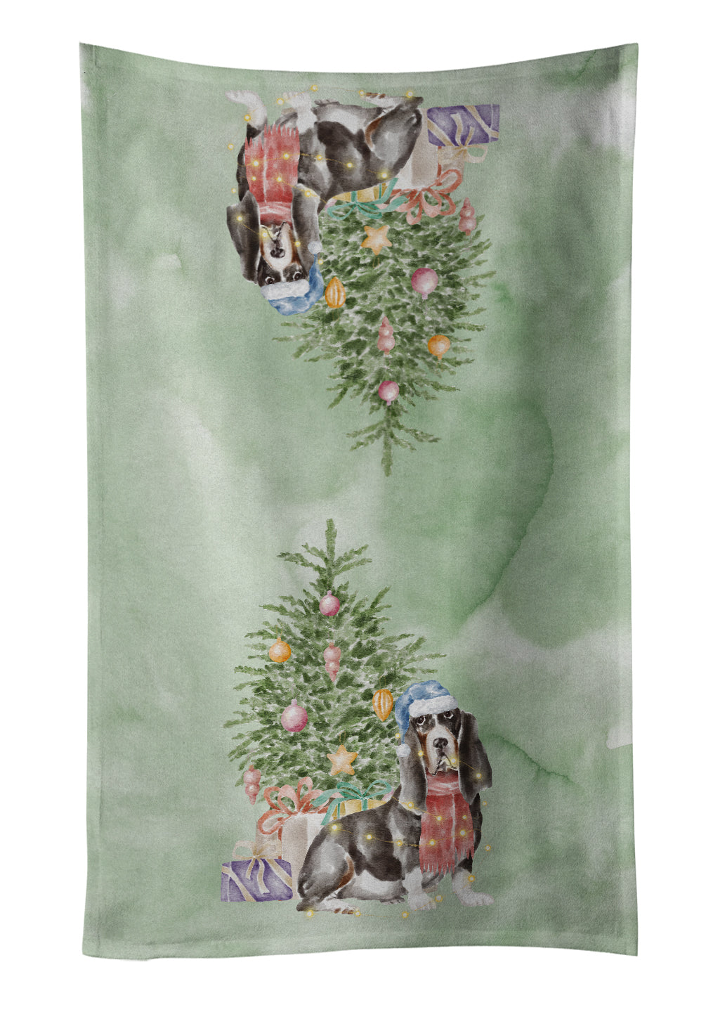 Basset Hound #2 Christmas Presents and Tree Kitchen Towel Velour Plush Front and Cotton Loop Back Machine Washable