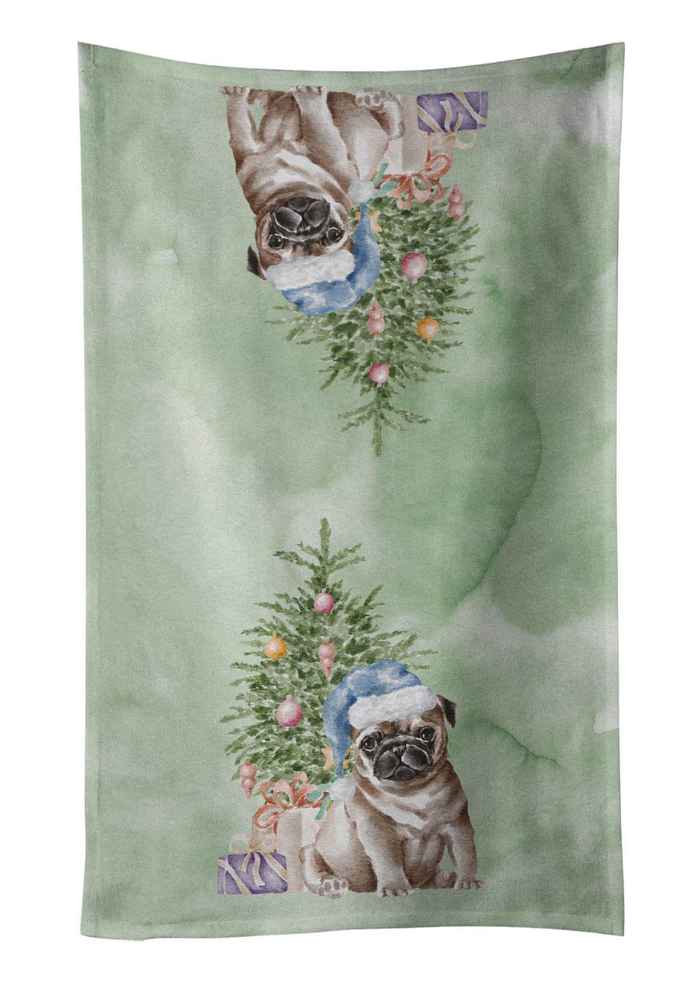 Pug Fawn Puppy Christmas Presents and Tree Kitchen Towel Velour Plush Front and Cotton Loop Back Machine Washable