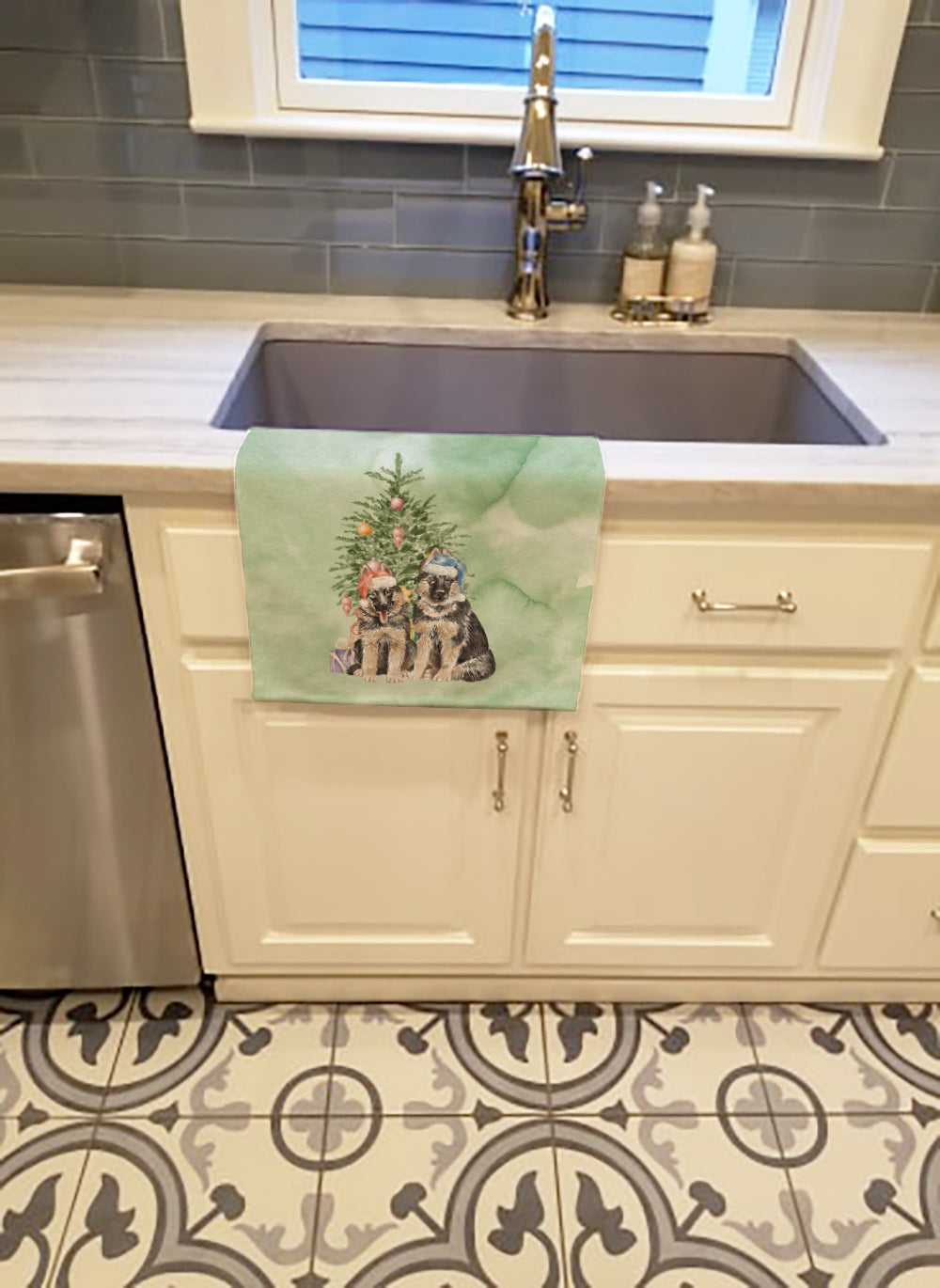 German Shepherd Momma Baby Christmas Presents and Tree Kitchen Towel Velour Plush Front and Cotton Loop Back Machine Washable