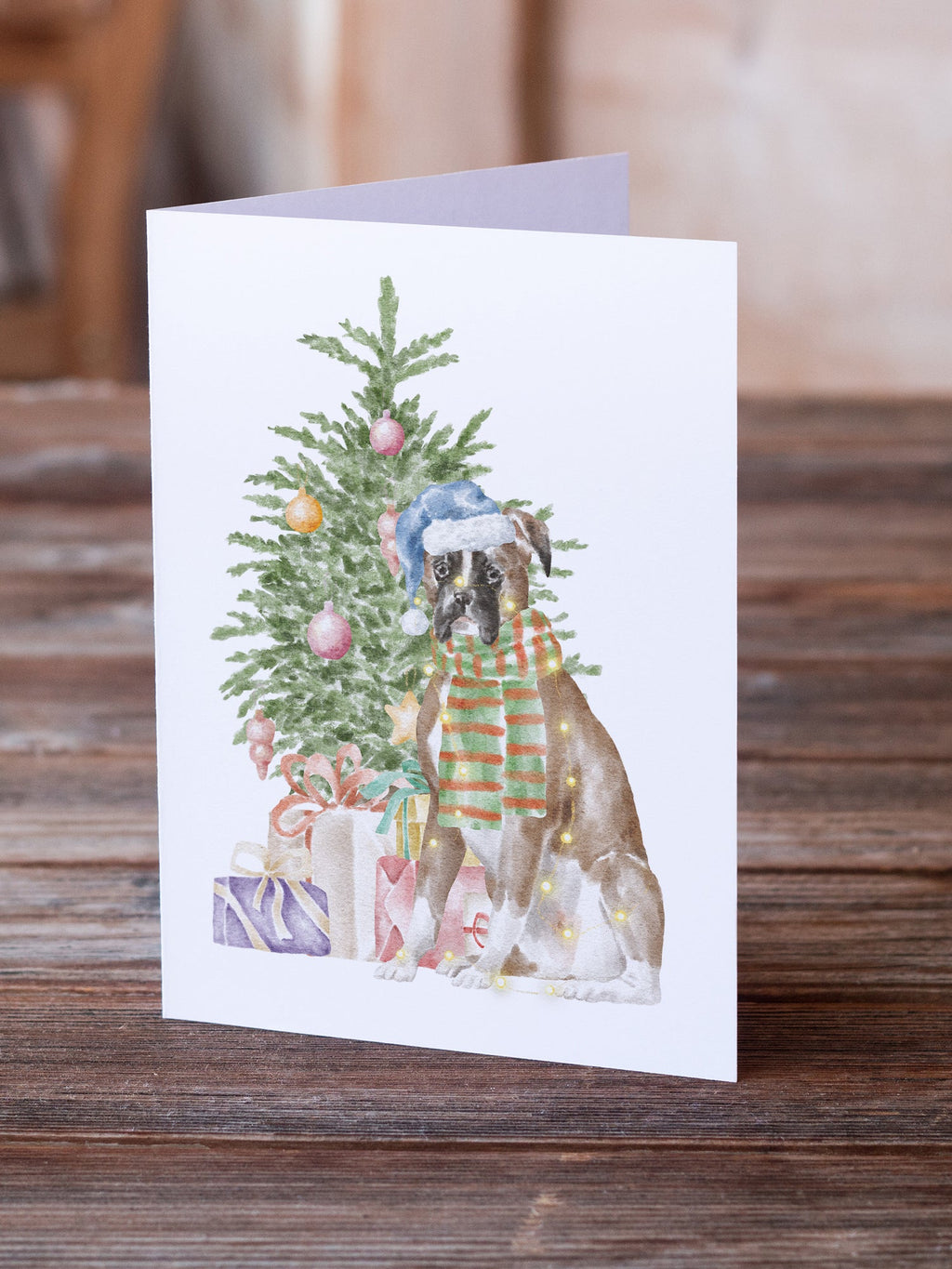 Boxer Christmas Presents and Tree Greeting Cards Pack of 8 Blank Cards with Envelopes Whimsical A7 Size 5x7