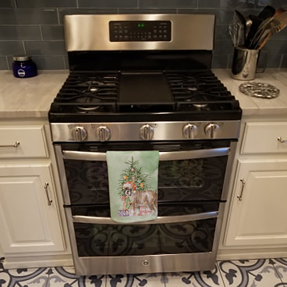 Boxer Puppy #2 Christmas Presents and Tree Kitchen Towel Velour Plush Front and Cotton Loop Back Machine Washable