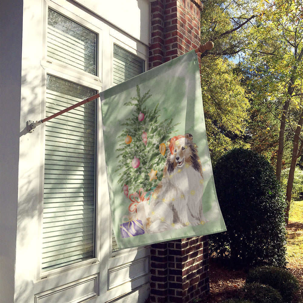 Sheltie Christmas Presents and Tree House Flag 28x40 Porch Sleeve Pole Decorative Outside Yard Banner Artwork Wall Hanging, Polyester