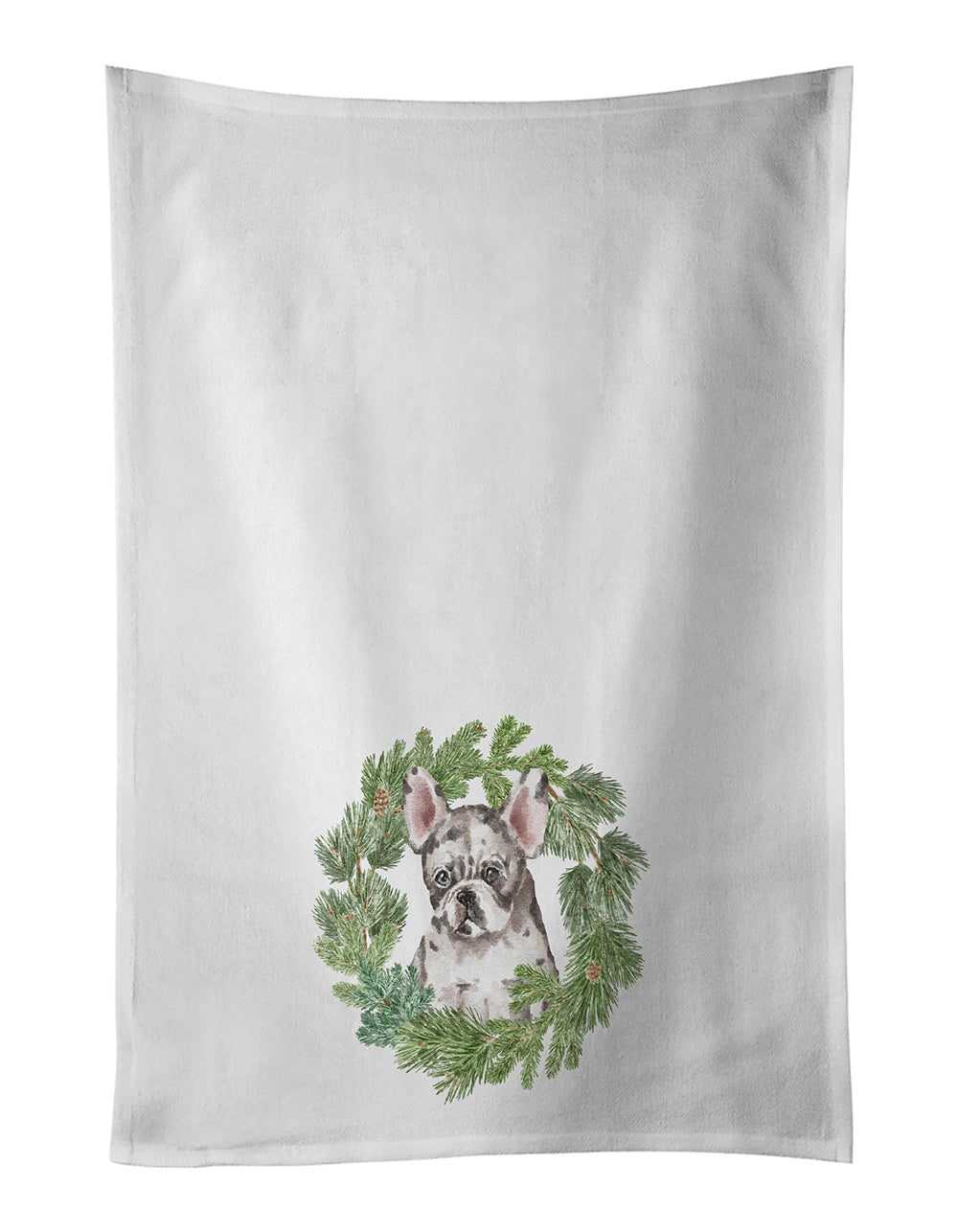 French Bulldog Puppy Pied Christmas Wreath Kitchen Towel Set of 2 White Dish Towels Decorative Bathroom Hand towel for Hand, Face, Hair, Yoga, Tea, Dishcloth, 19 X 28", White