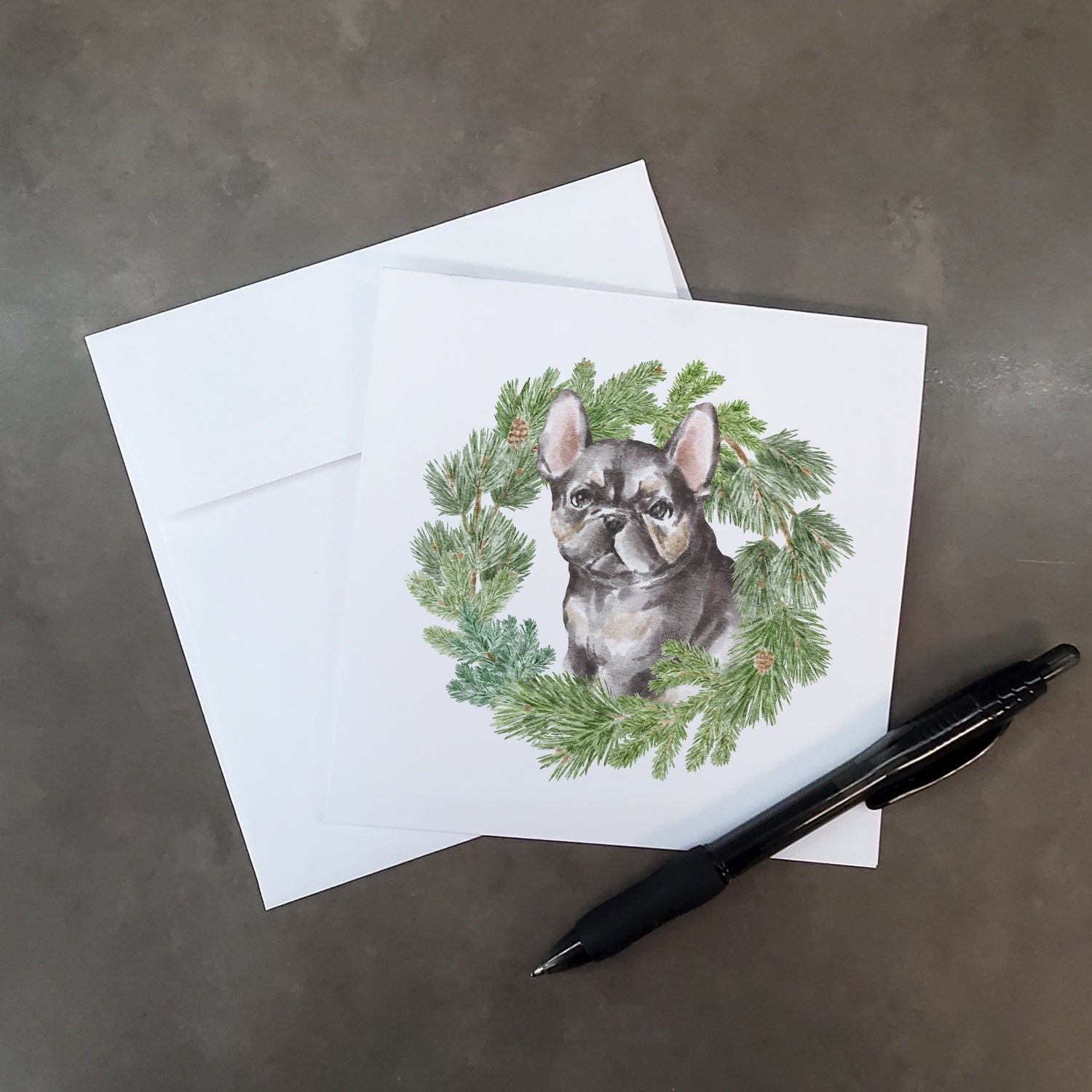 French Bulldog Puppy Black Christmas Wreath Square Greeting Cards and Envelopes Pack of 8 Blank Cards with Envelopes Blank Thank You Note Greeting Cards Stationery