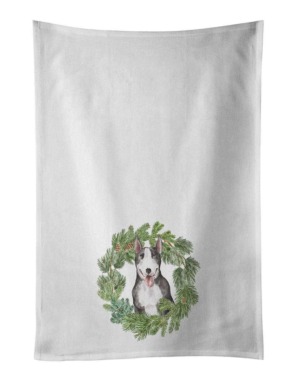 Bull Terrier Black and White Christmas Wreath Kitchen Towel Set of 2 White Dish Towels Decorative Bathroom Hand towel for Hand, Face, Hair, Yoga, Tea, Dishcloth, 19 X 28", White