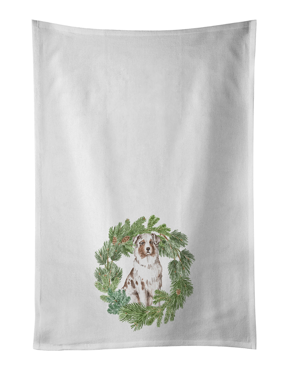 Australian Shepherd Red Merle Christmas Wreath Kitchen Towel Set of 2 White Dish Towels Decorative Bathroom Hand towel for Hand, Face, Hair, Yoga, Tea, Dishcloth, 19 X 28", White