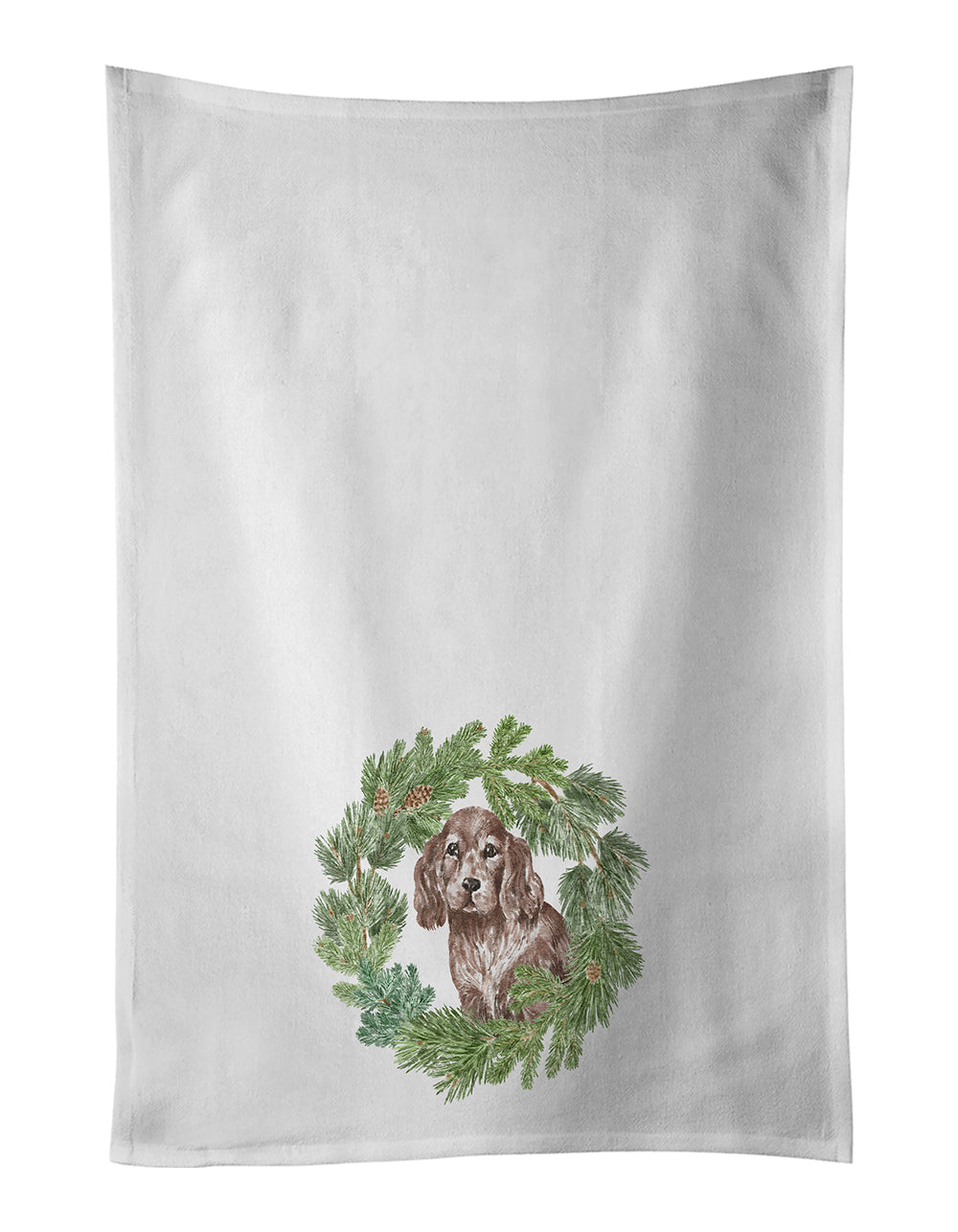 Cocker Spaniel Puppy Liver Christmas Wreath Kitchen Towel Set of 2 White Dish Towels Decorative Bathroom Hand towel for Hand, Face, Hair, Yoga, Tea, Dishcloth, 19 X 28", White