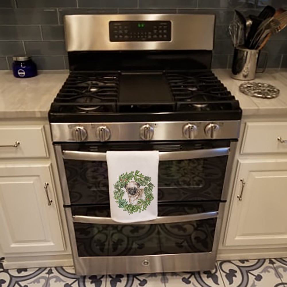Pug Puppy Fawn Christmas Wreath Kitchen Towel Set of 2 White Dish Towels Decorative Bathroom Hand towel for Hand, Face, Hair, Yoga, Tea, Dishcloth, 19 X 28", White