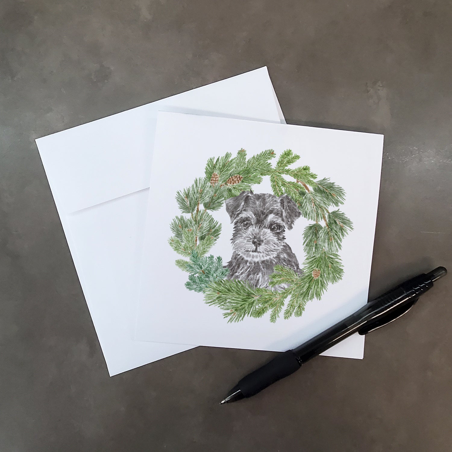 Schnauzer Puppy Black and Silver Christmas Wreath Square Greeting Cards and Envelopes Pack of 8 Blank Cards with Envelopes Blank Thank You Note Greeting Cards Stationery