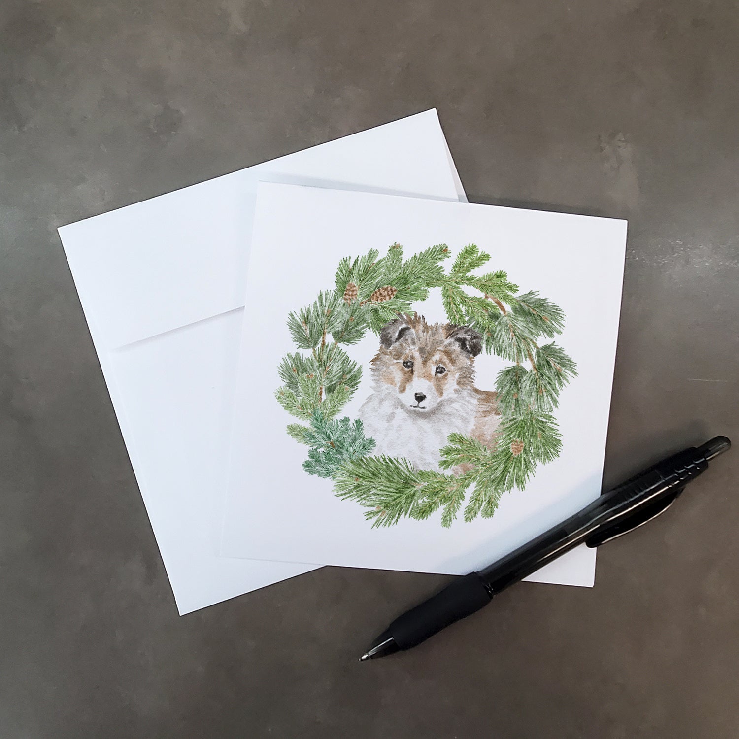 Sheltie/Shetland Sheepdog Puppy Sable Christmas Wreath Square Greeting Cards and Envelopes Pack of 8 Blank Cards with Envelopes Blank Thank You Note Greeting Cards Stationery