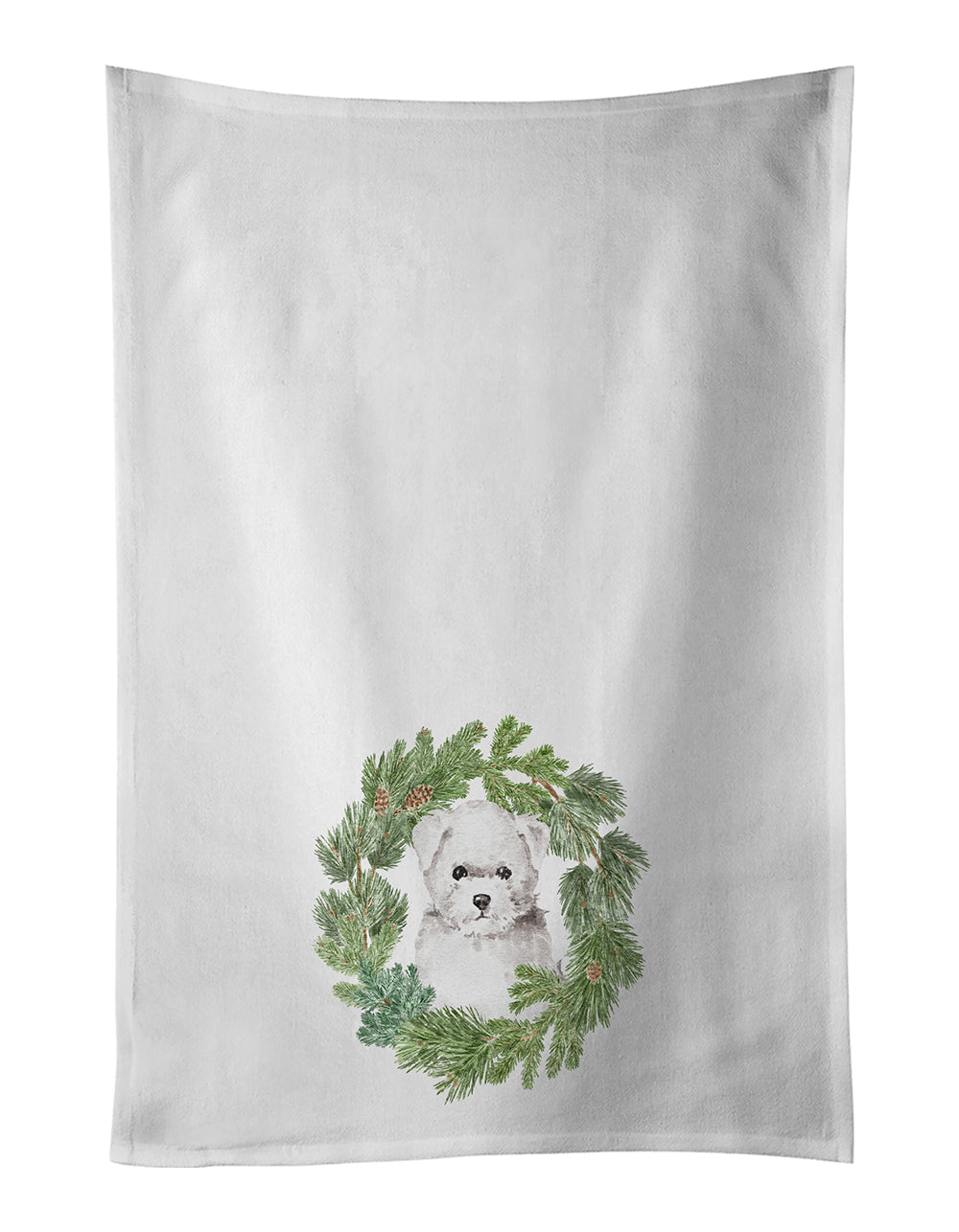 Bichon Frise Puppy Christmas Wreath Kitchen Towel Set of 2 White Dish Towels Decorative Bathroom Hand towel for Hand, Face, Hair, Yoga, Tea, Dishcloth, 19 X 28", White