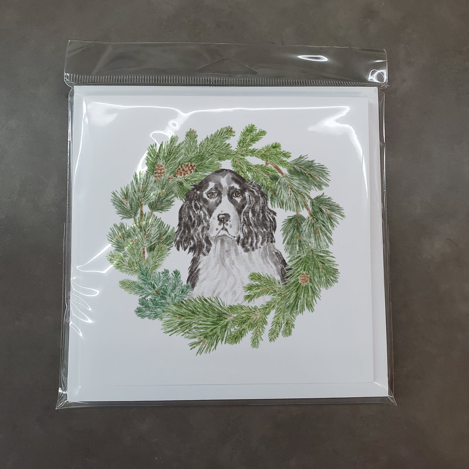 English Springer Spaniel Black and White Christmas Wreath Square Greeting Cards and Envelopes Pack of 8 Blank Cards with Envelopes Blank Thank You Note Greeting Cards Stationery