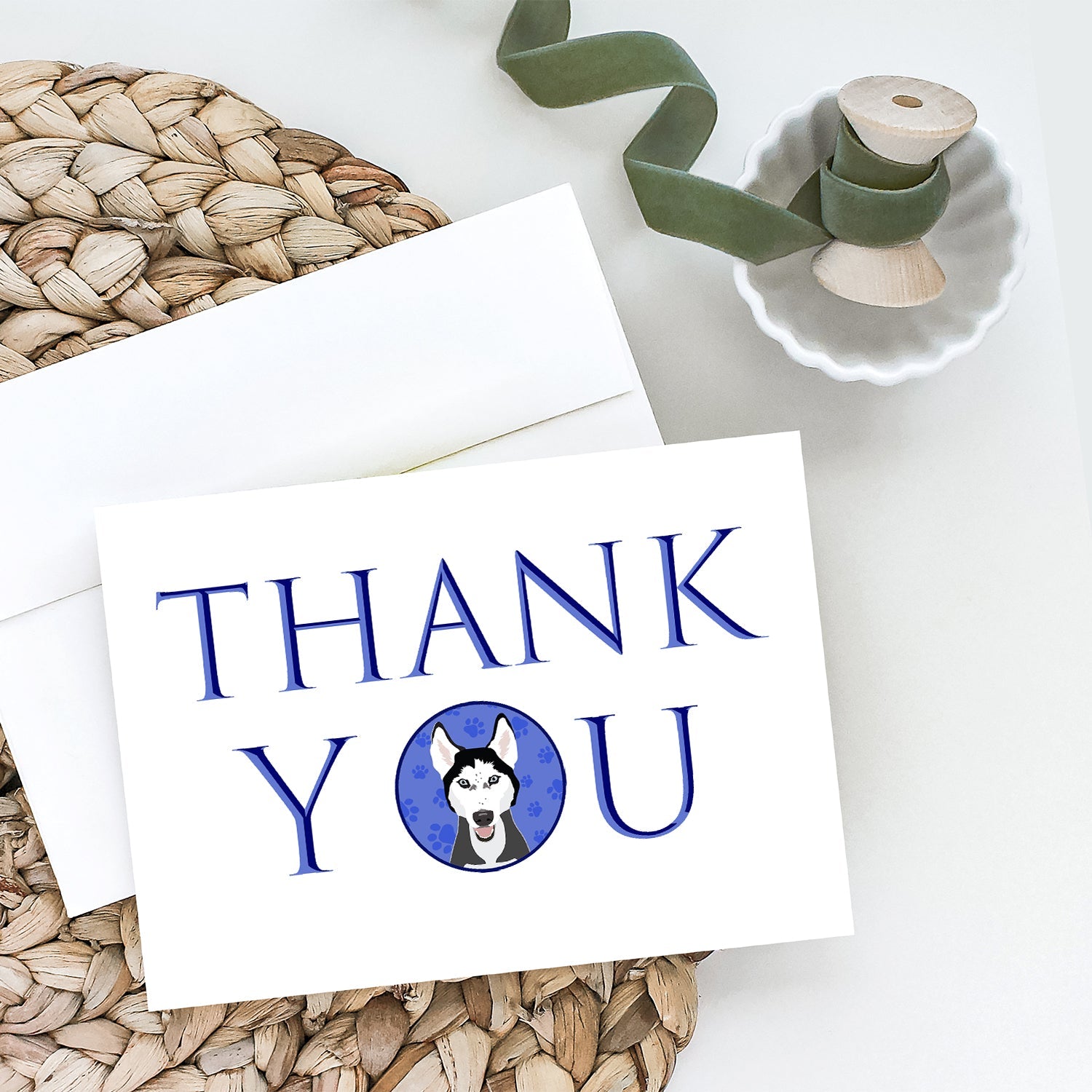 Siberian Husky Black and White #3 Thank You Greeting Cards Pack of 8 Blank Cards with Envelopes Whimsical A7 Size 5x7