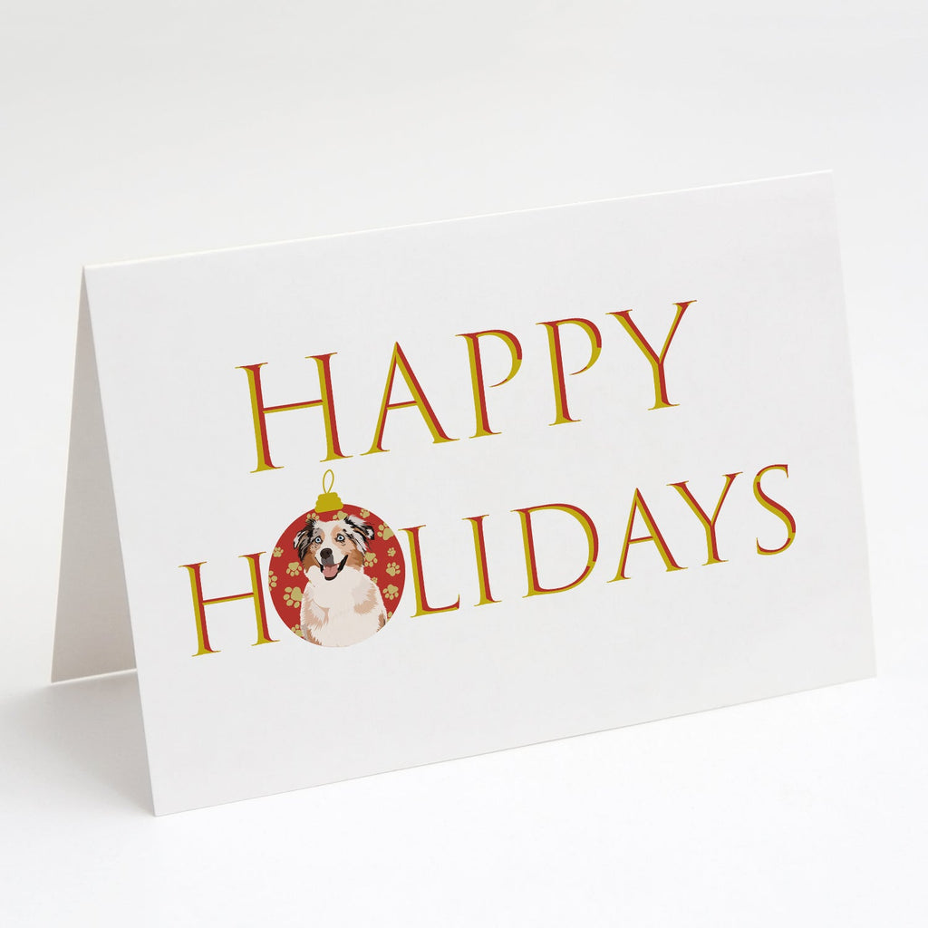 Australian Shepherd Red Merle Tricolor #2 Happy Holidays Greeting Cards Pack of 8 Blank Cards with Envelopes Whimsical A7 Size 5x7