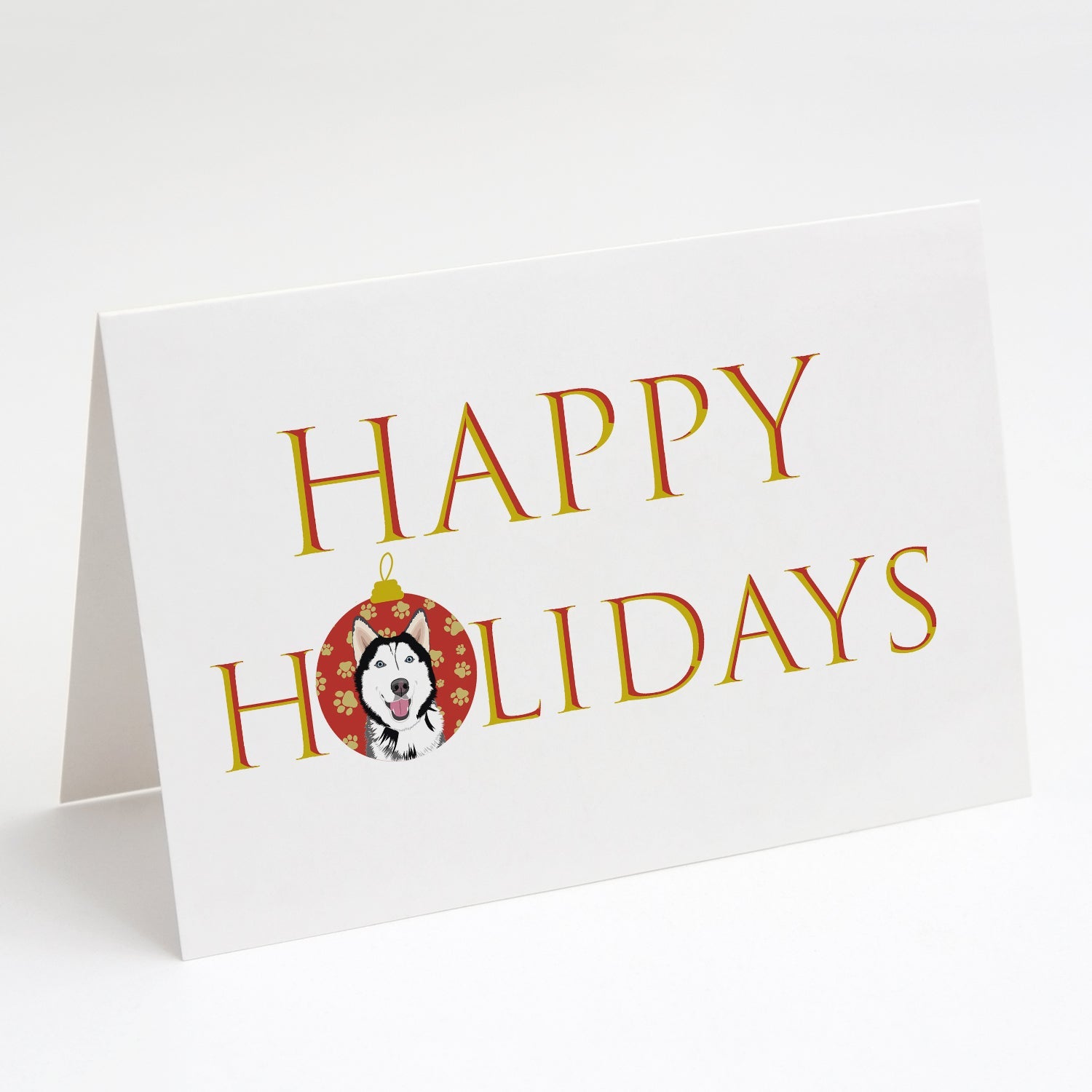 Siberian Husky Black and White #1 Happy Holidays Greeting Cards Pack of 8 Blank Cards with Envelopes Whimsical A7 Size 5x7