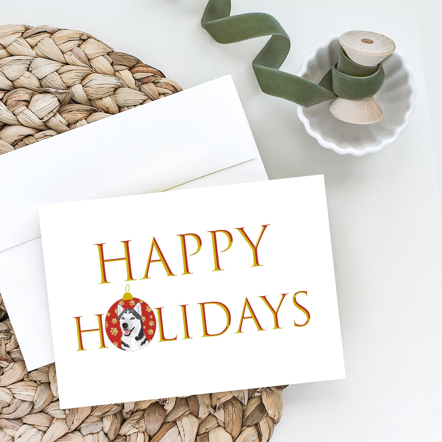 Siberian Husky Silver and White #1 Happy Holidays Greeting Cards Pack of 8 Blank Cards with Envelopes Whimsical A7 Size 5x7