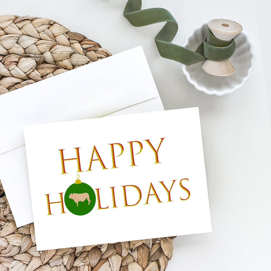 Cows - Charolais Cow Happy Holidays Greeting Cards Pack of 8 Blank Cards with Envelopes Whimsical A7 Size 5x7