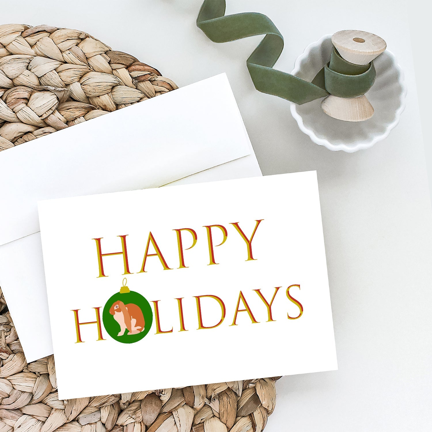 Rabbits - English Lop Rabbit Happy Holidays Greeting Cards Pack of 8 Blank Cards with Envelopes Whimsical A7 Size 5x7