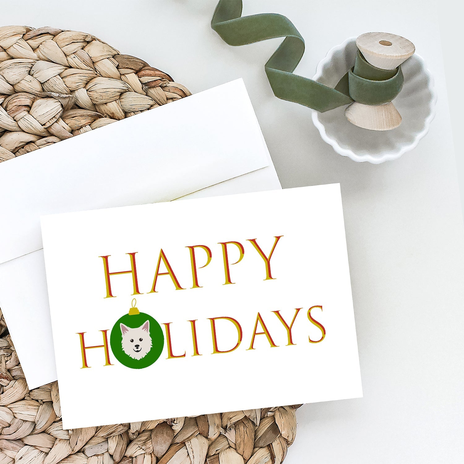 Italian Spitz - Dog Face Happy Holidays Christmas Greeting Cards Pack of 8 Blank Cards with Envelopes Whimsical A7 Size 5x7
