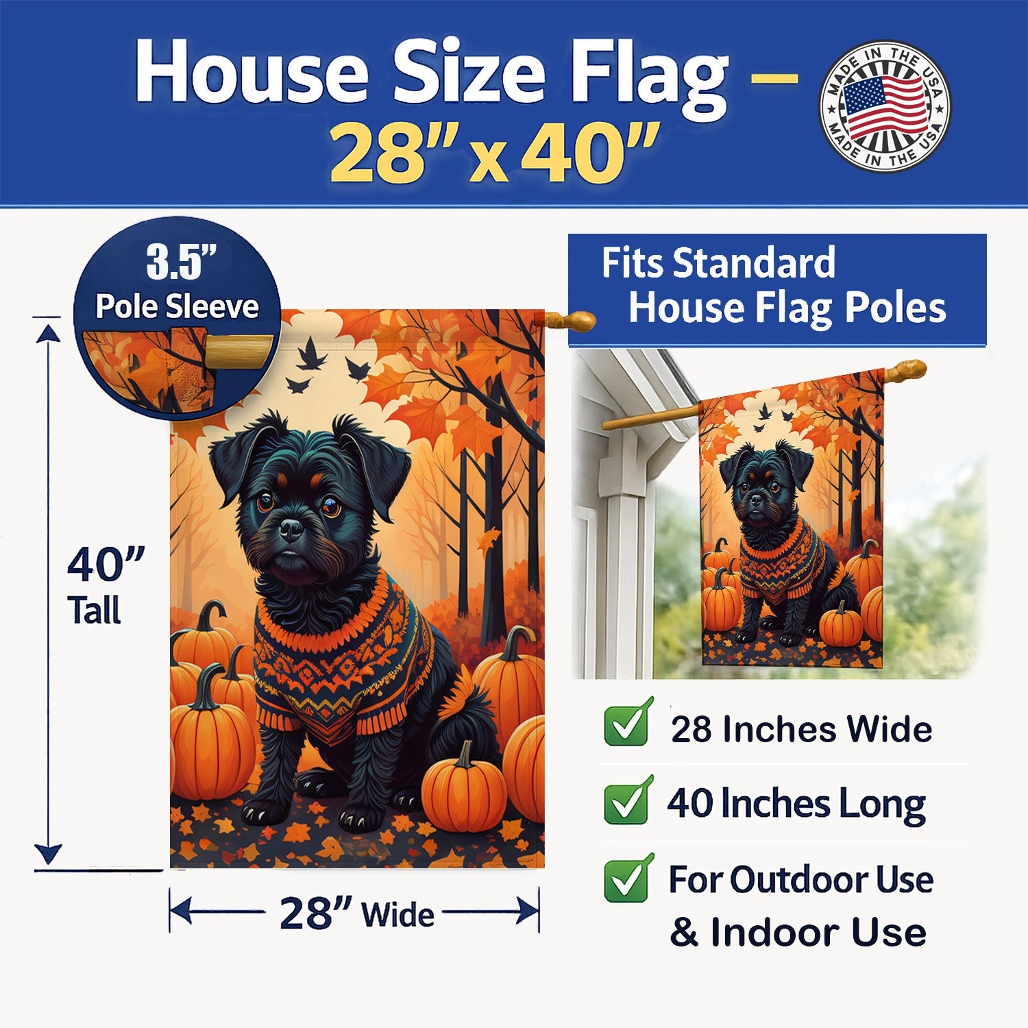 Affenpinscher Fall House Flag 28x40 Porch Sleeve Pole Decorative Outside Yard Banner Artwork Wall Hanging, Polyester