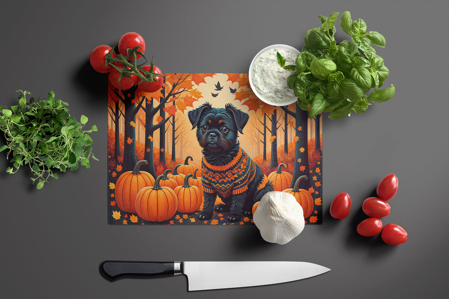 Affenpinscher Fall Cutting Board Tempered Glass Kitchen Cutting Surface, Heat Resistant Chopping, Non-Slip Feet, Food Prep & Serving