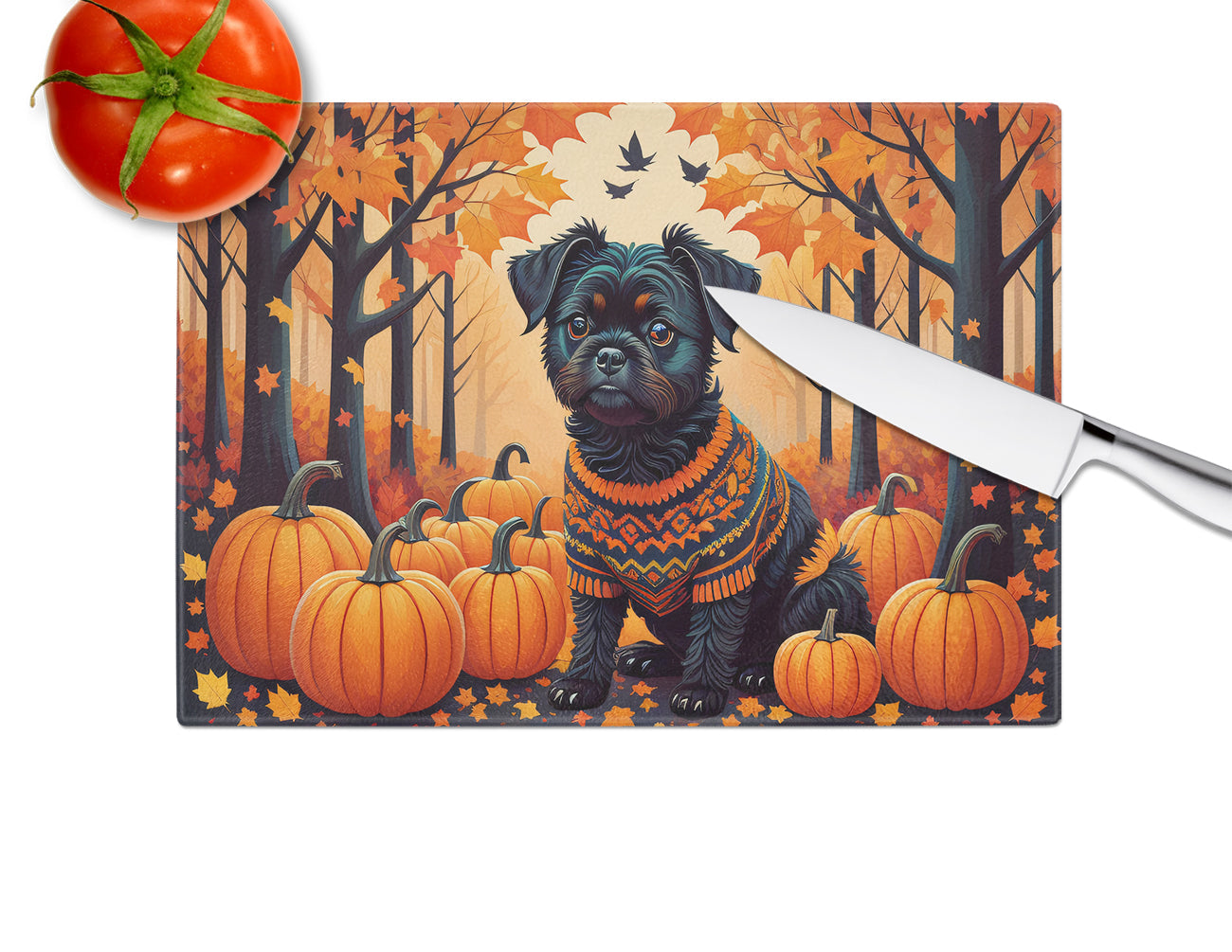 Affenpinscher Fall Cutting Board Tempered Glass Kitchen Cutting Surface, Heat Resistant Chopping, Non-Slip Feet, Food Prep & Serving