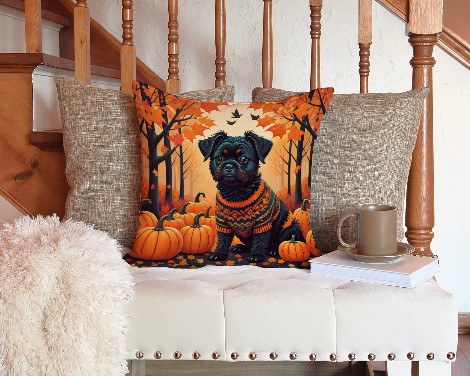 Affenpinscher Fall Decorative Throw Pillow 14x14 Indoor Outdoor Accent Cushion, Fabric Cover with Insert for Sofa, Bed, Porch & Living Room