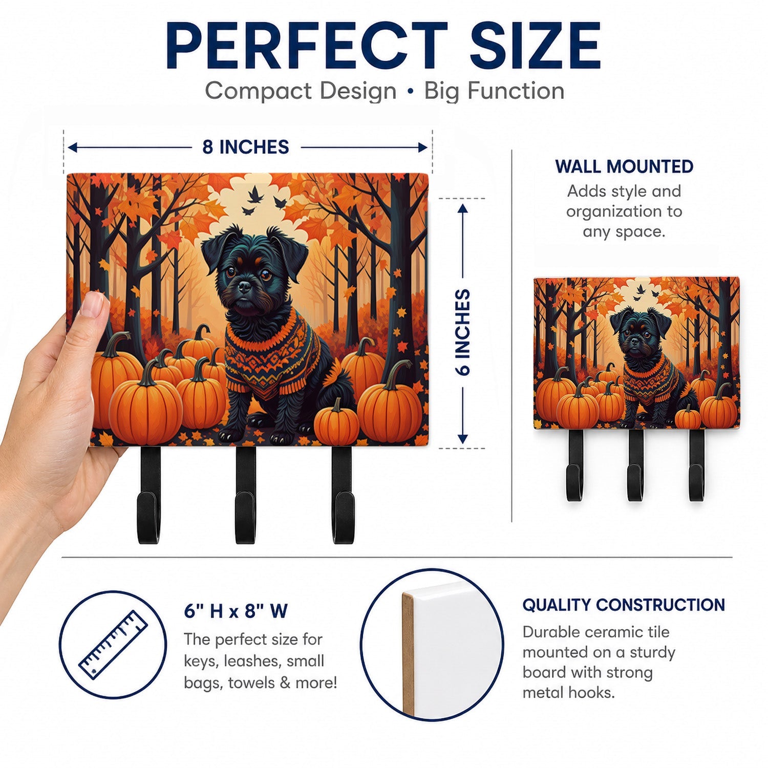 Affenpinscher Fall Leash or Key Holder Wall Hooks, Coat Rack Wall Mount, for Hanging Keys, Towels, Aprons, Leashes