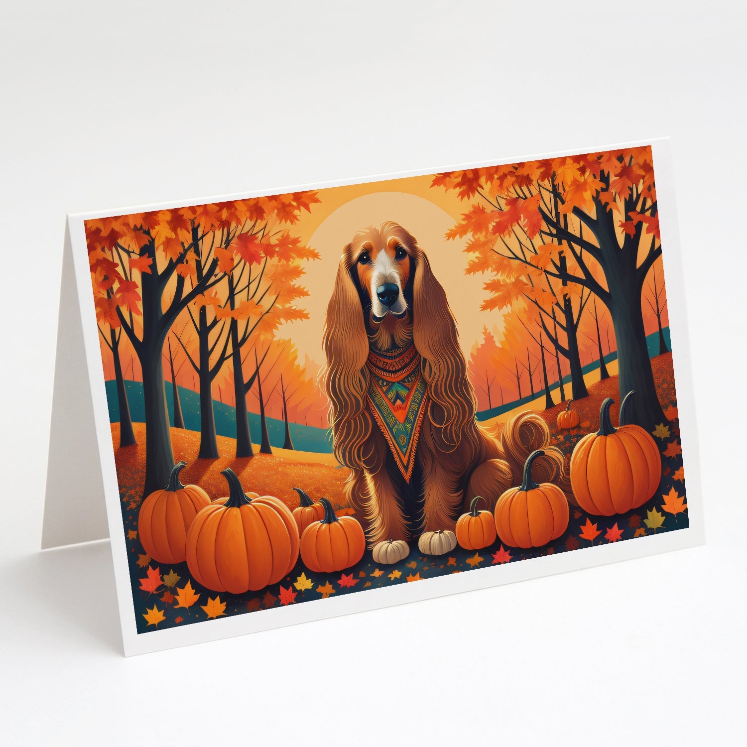 Afghan Hound Fall Greeting Cards Pack of 8 Blank Cards with Envelopes Whimsical A7 Size 5x7
