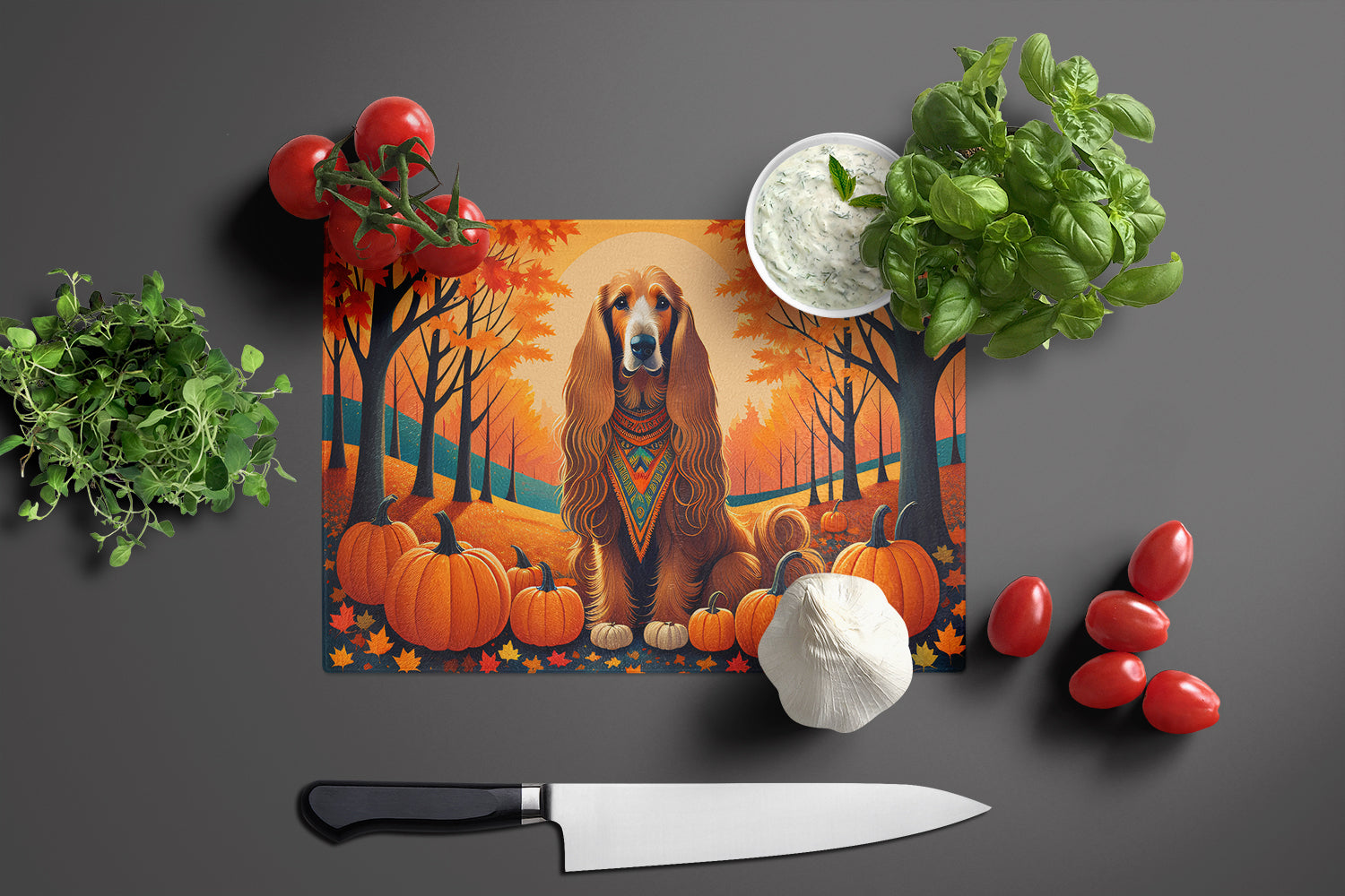 Afghan Hound Fall Cutting Board Tempered Glass Kitchen Cutting Surface, Heat Resistant Chopping, Non-Slip Feet, Food Prep & Serving